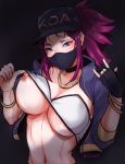 1girl akali baseball_cap blue_eyes blush bracelet breasts choker clothes_lift crop_top cropped_jacket earrings ears eyebrows fingerless_gloves flat_cap gloves hand_gesture hat jacket jewelry k/da_(league_of_legends) k/da_akali large_breasts league_of_legends looking_at_viewer mask navel necklace nipples one_breast_out open_clothes open_jacket ponytail purple_hair shirt_lift signature single_glove solo tinnies upper_body 