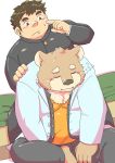  2019 anthro blush chubby_protagonist_(tas) clothing duo eyes_closed human jambavan male mammal misterdonn overweight overweight_male pants protagonist_(tas) shirt sitting sleeping tokyo_afterschool_summoners topwear ursid video_games 