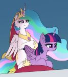  2019 blue_background chair crown duo equid feathered_wings feathers female feral friendship_is_magic frown hair hankofficer hi_res horn jewelry long_hair mammal multicolored_hair my_little_pony necklace petting princess_celestia_(mlp) simple_background throne twilight_sparkle_(mlp) winged_unicorn wings 