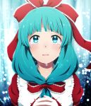  1girl aqua_eyes aqua_hair blurry blush commentary_request crying crying_with_eyes_open depth_of_field frilled_ribbon frills front_ponytail hair_ribbon highres kabayaki_unagi kagiyama_hina long_hair looking_at_viewer open_mouth own_hands_together red_ribbon ribbon solo tears touhou upper_body 