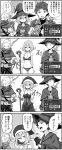  1girl 2boys 4koma blush bow_(weapon) comic elf fantasy fingerless_gloves gameplay_mechanics gloves greyscale hat highres holding holding_staff kawase_kou medium_hair monochrome multiple_boys original pointy_ears ponytail rocket_launcher rpg staff underwear underwear_only user_interface weapon witch_hat 