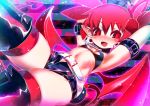  1girl armlet armpits arms_behind_head arms_up belt blush boots choker demon_girl demon_tail demon_wings disgaea etna eyebrows_visible_through_hair fang flat_chest hakkasame looking_to_the_side matching_hair/eyes midriff navel open_mouth pointy_ears red_eyes red_hair red_legwear short_hair short_shorts shorts smile solo strapless tail thigh_boots thighhighs thighs tongue tubetop twintails wings 