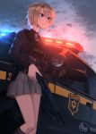  1girl absurdres blonde_hair car cloud dark dreadtie from_below frown ground_vehicle gun handgun highres holster kneehighs lights load_bearing_vest motor_vehicle necktie original pistol police police_car police_uniform policewoman serious sheriff short_hair shotgun signature sky solo sunset uniform weapon 