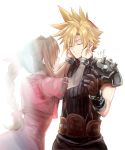  1boy 1girl aerith_gainsborough bow braid brown_hair closed_mouth cloud_strife commentary_request cropped_jacket dress final_fantasy final_fantasy_vii hair_ribbon long_dress long_hair pink_bow pink_dress ponytail ribbon sasanomesi simple_background single_braid spiked_hair white_background 
