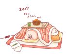  amedama_(akaki_4207) blush food fruit kirby kirby_(series) kotatsu mandarin_orange nintendo no_humans paper pencil smile table translation_request waddle_dee white_background 