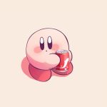  amedama_(akaki_4207) black_eyes blush_stickers can expressionless highres holding holding_can kirby kirby_(series) nintendo no_humans shadow simple_background soda_can yellow_background 
