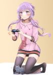  1girl animal_print black_legwear blush bunny_hair_ornament bunny_print cat concentrating frown full_body hair_ornament highres holding_controller indoors kneeling lavender_hair long_hair pink_hoodie playing_games purple_eyes purple_hair solo sora_no_tori sweatdrop thighhighs twintails video_game vocaloid voiceroid yuzuki_yukari 