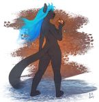  abstract_background anthro blue_hair butt felid feline female hair hi_res looking_back mammal mosa nude solo standing 