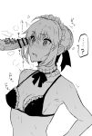  alterna99 artoria_pendragon_(all) artoria_pendragon_(swimsuit_rider_alter) bar_censor bare_shoulders blush braid breasts censored drooling fate/grand_order fate_(series) french_braid greyscale highres maid_headdress monochrome penis penis_awe small_breasts underwear 