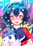  1girl black_hair flower gloves hair_between_eyes hair_flower hair_ornament hakkasame looking_at_viewer mizuno_ai open_mouth plush red_eyes short_hair short_sleeves smile solo upper_body white_gloves zombie_land_saga 