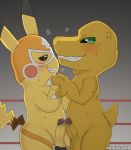  2019 absurd_res agumon anthro balls cosplay_pikachu crossover digimon digimon_(species) digital_media_(artwork) duo erection eye_contact foreskin frottage grin hi_res humanoid_penis looking_at_another male male/male mask nintendo penis pikachu pikachu_libre pok&eacute;mon pok&eacute;mon_(species) precum sex signature smile sweat video_games winick-lim 