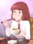  1girl blue_eyes blush brown_hair castle_of_cagliostro clarisse_de_cagliostro commentary_request eating food lafolie lupin_iii nattou short_hair sitting solo 