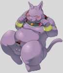  absurd_res anthro balls champa domestic_cat dragon_ball dragon_ball_super ear_piercing erection eyes_closed felid feline felis glans hi_res humanoid_hands humanoid_penis male mammal mostly_nude naughty_face navel nipples overweight overweight_male penis piercing pomupomu490 portrait purple_balls purple_penis purple_skin simple_background sitting solo sphynx_(cat) tongue tongue_out 