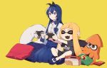  2girls bangs blue_eyes blue_hair blush bow controller domino_mask fang fangs fire_emblem fire_emblem:_kakusei hair_between_eyes inkling long_hair long_skirt long_sleeves lucina mask multiple_girls nintendo open_mouth pointy_ears ryon_(ryonhei) shorts simple_background skirt smile splatoon splatoon_(series) splatoon_1 squid super_smash_bros. tentacle_hair 