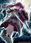  1girl 40hara armor aura closed_mouth company_name copyright_name fire_emblem fire_emblem_cipher fire_emblem_if gloves hair_ribbon highres holding holding_sword holding_weapon long_hair luna_(fire_emblem_if) nintendo official_art red_hair ribbon solo sword twintails weapon 