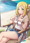  1girl bangs beach belt blonde_hair blush braid breasts cup dengeki_g&#039;s green_eyes hand_on_own_chest highres inou_shin jewelry looking_at_viewer love_live! love_live!_sunshine!! medium_breasts medium_hair miniskirt necklace ocean official_art ohara_mari sand sitting skirt smile solo thighs 