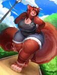  anthro big_breasts breasts canid canine clothed clothing female fur hair hi_res jinsang mammal ocaritna open_mouth outside overweight overweight_female raccoon_dog solo standing tanuki thick_thighs watermark 