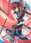  1girl 40hara arrow closed_mouth company_name copyright_name fire_emblem fire_emblem_cipher fire_emblem_if gloves highres holding holding_sword holding_weapon long_hair long_sleeves luna_(fire_emblem_if) nintendo official_art red_hair scabbard sheath smile solo sword twintails water weapon 