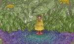  1girl bangs black_eyes boots brown_hair drawstring droplet eyebrows_visible_through_hair flower grass hood hood_up leaf looking_at_viewer minigirl original plant red_footwear sakura_szm solo standing water wide_shot yellow_flower 