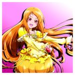  border bow choker cure_muse_(yellow) dress earrings hair_down highres jewelry light_brown_hair long_hair niita pink_background pink_eyes precure shirabe_ako smile suite_precure white_border 