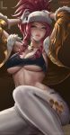  1girl akali armpits arms_up artist_name baseball_cap blush breasts cleavage clothes_writing collar collarbone drill_hair fur-trimmed_jacket fur-trimmed_sleeves fur_trim gloves hat highres jacket k/da_(league_of_legends) large_breasts league_of_legends lexaiduer long_hair long_sleeves looking_at_viewer open_clothes open_jacket pants parted_lips patreon_logo pink_hair pink_lips ponytail purple_eyes sidelocks sitting solo sports_bra underboob watermark web_address white_gloves white_headwear white_pants yellow_jacket 
