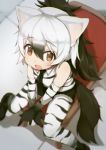  1girl :o aardwolf_(kemono_friends) aardwolf_ears aardwolf_print aardwolf_tail bangs bare_shoulders black_hair black_neckwear black_shorts blurry blurry_background brown_eyes chair elbow_gloves extra_ears eyebrows_visible_through_hair gloves hair_between_eyes highres kemono_friends legwear_under_shorts long_hair looking_at_viewer multicolored_hair necktie open_mouth pantyhose ponytail print_gloves print_legwear shirt short_shorts shorts sitting sleeveless sleeveless_shirt solo teranekosu two-tone_hair white_hair 