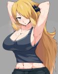  1girl alternate_costume armpits arms_behind_head arms_up bangs bare_arms black_camisole black_pants blonde_hair breasts brown_eyes camisole cleavage collarbone creatures_(company) eyebrows_visible_through_hair flipped_hair game_freak grey_background hair_ornament hair_over_one_eye head_tilt highres long_hair looking_at_viewer medium_breasts midriff_peek navel nintendo pants parted_bangs parted_lips pocket pokemon pokemon_(game) pokemon_dppt shirona_(pokemon) sideboob simple_background solo stomach suzusiigasuki sweat upper_body very_long_hair 