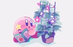  amedama_(akaki_4207) black_eyes blush flower grey_background kirby kirby_(series) leaf nintendo no_humans open_mouth pink_flower plant potted_plant purple_flower shadow simple_background star_rod 