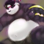  1:1 2019 alp_(tas) anthro belly bottomwear clothing eyes_closed fur giant_panda hat headgear headwear hi_res humanoid_hands laohu male mammal moobs navel overweight overweight_male purple_fur shorts solo tokyo_afterschool_summoners ursid video_games 