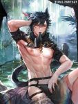  1boy abs absurdres animal_ears arm_up armpits bare_arms black_hair blurry blurry_background briefs capelet cat_ears cat_tail chest collared_capelet copyright_name crying crying_with_eyes_open day fang fang_out final_fantasy final_fantasy_xiv fingernails garter_belt hair_between_eyes hair_ornament hajun_(hey_sangha) half-closed_eyes hand_on_own_head high_collar highres huge_filesize knee_up male_focus messy_hair miqo&#039;te mouth_hold navel nipples outdoors red_eyes shirtless short_hair short_sleeves sitting solo stomach tail tears toned twitter_username underwear undressing water waterfall watermark web_address wet wet_hair 