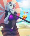  2019 anthro beach beverage bikini clothed clothing didelphid enro_the_mutt facial_piercing female hi_res mammal marsupial nipple_outline nose_piercing open_mouth outside piercing seaside septum_piercing solo standing swimwear umbrella wide_hips 