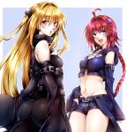  2girls :d arm_behind_back ass bare_shoulders black_cape black_dress black_gloves blonde_hair blue_eyes blush braid breasts cape cleavage cleavage_cutout cowboy_shot crop_top detached_sleeves dress fingerless_gloves from_behind gloves groin hair_ornament hairpin happy highres hooded_shirt imo_(evekelu-111) konjiki_no_yami kurosaki_mea long_hair looking_at_viewer looking_back medium_breasts midriff multiple_girls navel open_mouth red_eyes red_hair short_shorts shorts small_breasts smile stomach thighs to_love-ru to_love-ru_darkness very_long_hair wide_sleeves 