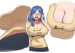  1girl arm_behind_back blue_hair breasts cleavage embarrassed eyes_closed glasses highres kion-kun large_breasts little_witch_academia long_hair navel open_mouth short_sleeves smile upper_body upper_teeth ursula_charistes white_background 