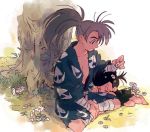  1boy 1girl age_difference bandage barefoot black_hair child dororo_(character) dororo_(tezuka) edmhhhnh eyes_closed flower grey_hair hyakkimaru_(dororo) indian_style japanese_clothes looking_at_another messy_hair ponytail sitting sleeping sleeping_on_person 