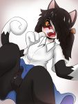  anthro black_fur breasts clothed clothing felid feline female fur hair hi_res looking_at_viewer mammal no_underwear open_mouth oumseven pussy solo tongue 