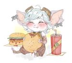  1girl blue_skin blush burger drink eating eyes_closed food goggles highres league_of_legends no_human pointy_ears short_hair tristana white_hair yordle 