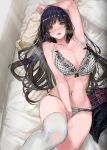  1girl between_legs black_hair blush bra breasts cleavage commentary_request grey_eyes hand_behind_head hand_between_legs large_breasts lingerie long_hair looking_at_viewer lying multicolored_hair navel on_back on_bed open_mouth original panties pillow ran&#039;ou_(tamago_no_kimi) single_thighhigh solo streaked_hair thighhighs underwear 