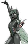  5_fingers anthro changeling fan_character green_hair hair hi_res horn my_little_pony mykegreywolf open_mouth pale_eyes simple_background smile solo teeth tongue 