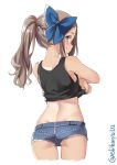  1girl alternate_costume asakaze_(kantai_collection) ass back bangs bare_shoulders blue_bow blue_eyes blush bow braid breasts closed_mouth commentary_request cropped_legs denim denim_shorts ebifurya eyebrows_visible_through_hair from_behind hair_between_eyes hair_bow highres kantai_collection light_brown_hair long_hair looking_at_viewer looking_back parted_bangs ponytail shirt shorts simple_background sleeveless sleeveless_shirt small_breasts smile solo standing thighs twitter_username undressing white_background 