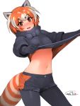  1girl animal_ears black_bow black_gloves black_legwear black_skirt blush bow bowtie breasts brown_eyes commentary_request dated eyebrows_visible_through_hair fur-trimmed_sleeves fur_collar fur_trim gloves happa_(cloverppd) kemono_friends legwear_under_shorts lesser_panda_(kemono_friends) lifted_by_self long_sleeves looking_at_viewer medium_breasts multicolored_hair navel open_mouth orange_hair panda_ears panda_tail pantyhose shirt_lift short_hair shorts silver_hair simple_background skirt smile solo tail underboob white_background 