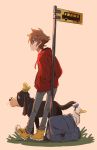  absurd_res bag bagellion canid canine canis clothing disney domestic_dog donald_duck goofy_(disney) hat headgear headwear hi_res human jewelry kingdom_hearts leaning mammal necklace sign sora_(kingdom_hearts) square_enix video_games 