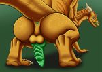  2019 3_toes animal_genitalia animal_penis anus balls butt butt_focus claws digital_media_(artwork) digitigrade dragon erection feral furrypur gold_scales green_background green_eyes green_penis green_tongue hi_res horn knot licking licking_lips looking_at_viewer looking_back male membranous_wings nude penis perineum presenting presenting_anus presenting_hindquarters quadruped rear_view scales scalie scar self_lick simple_background smile solo spikes suggestive toe_claws toes tongue tongue_out western_dragon wings yellow_scales 