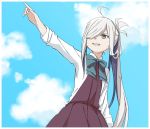  1girl ahoge asashimo_(kantai_collection) blue_sky bow bowtie cloud from_below grey_eyes grin hair_over_one_eye halterneck kantai_collection long_hair long_sleeves moti_coi pointing ponytail school_uniform sharp_teeth shirt silver_hair sky smile solo teeth white_shirt 