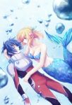  1boy 1girl bikini blonde_hair blue_bikini blue_hair breasts bubble cleavage eyes_closed floating_hair green_ribbon gundam gundam_seed gundam_seed_destiny hair_ribbon medium_breasts mermaid monster_girl navel pilot_suit red_eyes ribbon seashell_hair_ornament shinn_asuka short_hair stellar_loussier strapless strapless_bikini swimsuit underwater yuuka_seisen 