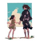  1boy 1girl age_difference bandage barefoot black_hair brown_hair child cloud dororo_(character) dororo_(tezuka) edmhhhnh hand_holding hyakkimaru_(dororo) japanese_clothes looking_at_another open_mouth ponytail sleeveless torn_clothes 