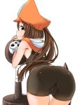  1girl anchor ass bent_over bike_shorts black_shorts blush breasts brown_eyes brown_hair fingerless_gloves from_behind gloves guilty_gear hat highres huge_weapon long_hair looking_at_viewer looking_back may_(guilty_gear) orange_headwear orange_shirt pirate pirate_hat ponkotsu shiny shiny_hair shiny_skin shirt shorts skull_and_crossbones sleeveless small_breasts smile solo standing weapon 