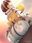  1girl alternate_costume brown_eyes brown_hair fan floral_print hairband highres holding holding_fan japanese_clothes kantai_collection kimono natori_(kantai_collection) obi open_mouth paper_fan sash short_hair sitting smile solo takase_muu twitter_username uchiwa white_hairband yukata 