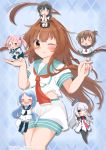  6+girls absurdres ahoge aqua_sailor_collar argyle argyle_background blue_background brown_eyes brown_hair chibi commentary_request cowboy_shot fubuki_(kantai_collection) highres huge_ahoge inazuma_(kantai_collection) kantai_collection kuma_(kantai_collection) long_hair miniskirt multiple_girls murakumo_(kantai_collection) neckerchief on_head one_eye_closed person_on_head red_neckwear remodel_(kantai_collection) sailor_collar samidare_(kantai_collection) sazanami_(kantai_collection) school_uniform serafuku short_sleeves shorts skirt soen_chi_ko solo_focus twitter_username white_shorts 