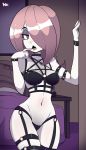  1girl bigdead blush breasts choker goth gothic hair_over_one_eye half-closed_eyes harness highres lingerie little_witch_academia medium_breasts pale_skin pink_hair red_eyes sharp_teeth solo star sucy_manbavaran teeth underwear 