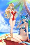  2girls absurdres ahoge alternate_costume artemia_(king&#039;s_raid) bangs bare_shoulders beach beach_mat bikini blonde_hair blue_bikini blue_eyes blue_hair blue_sky blush breasts cleavage cloud collarbone commentary covered_navel crab day dragon_girl dragon_horns dragon_tail eyebrows_visible_through_hair flower food full_body groin hair_flower hair_ornament hairband highres holding holding_food horns jeongjae_(jj) king&#039;s_raid laias_(king&#039;s_raid) large_breasts long_hair looking_at_viewer multiple_girls navel ocean one-piece_swimsuit outdoors palm_tree pointy_ears popsicle red_swimsuit revision sand shade side-tie_bikini sitting sky smile standing stomach sucking swimsuit tail tree very_long_hair yokozuwari 